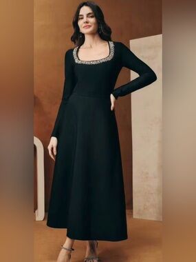 Anewsta Black Bandage Ribbed Elegant Long Sleeve A-Line Dress w/ Rhinestones
